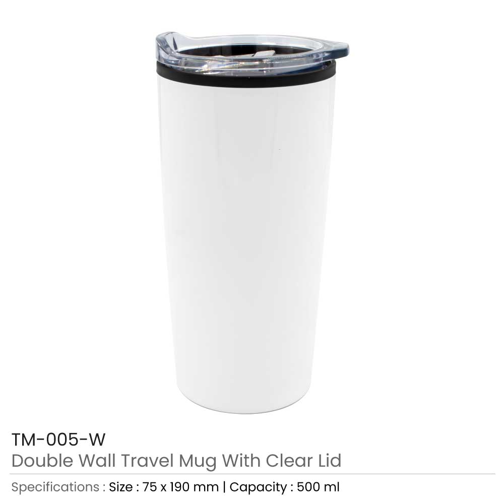 Double Wall Travel Mugs with Clear Lid White