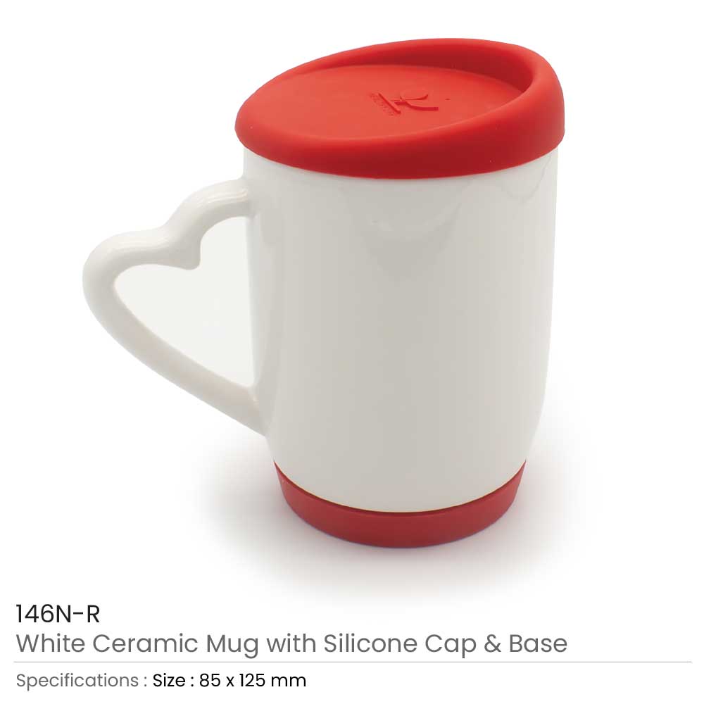 White Ceramic Mugs with Silicone Cap-and-Base-146N-R